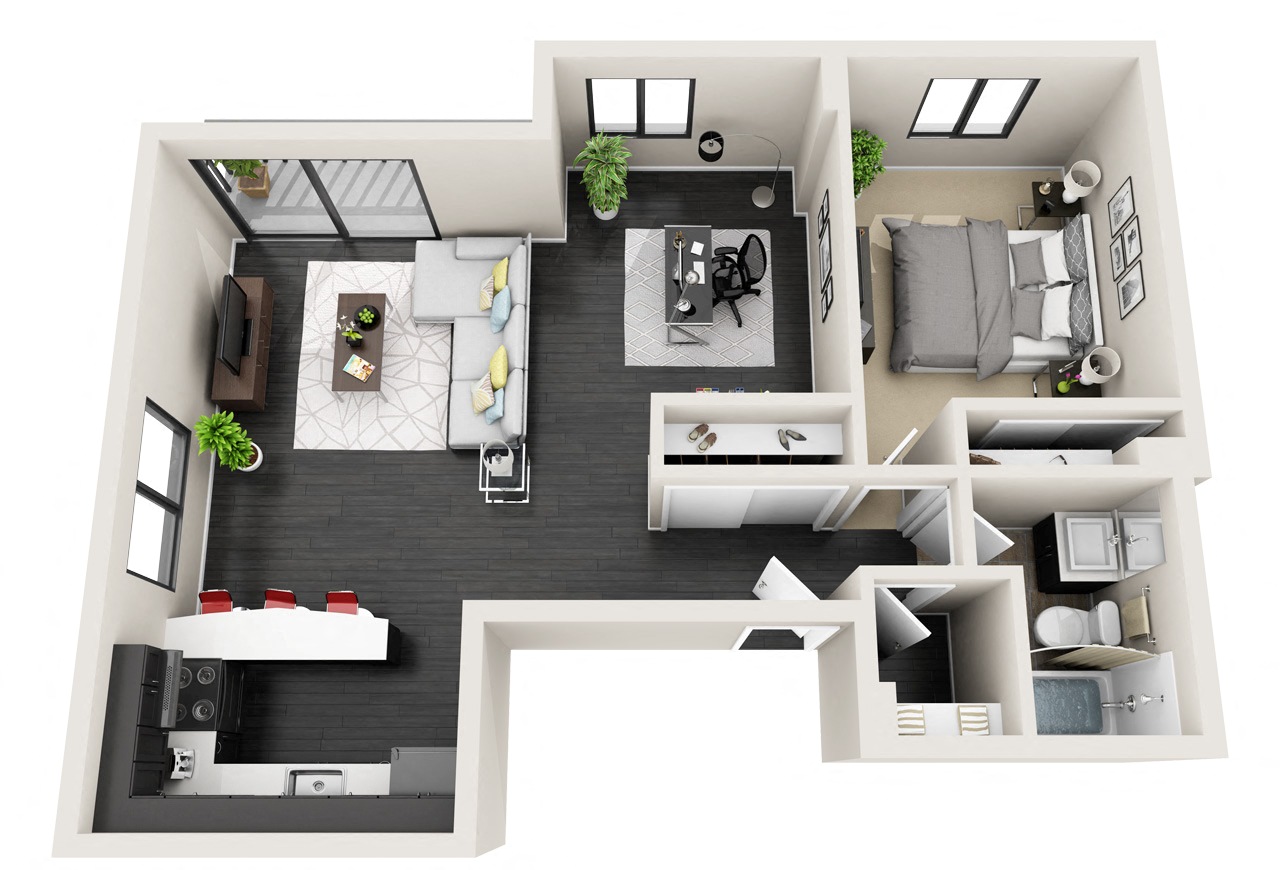 Floor plan for 1 bed, 1 bath, 828 sqft